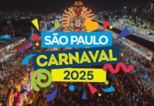 A vibrant and colorful night scene of São Paulo’s Carnaval 2025, featuring a massive parade, illuminated floats, and a festive crowd