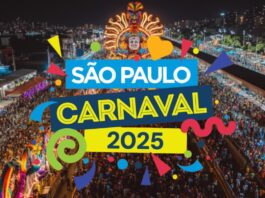 A vibrant and colorful night scene of São Paulo’s Carnaval 2025, featuring a massive parade, illuminated floats, and a festive crowd