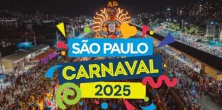 A vibrant and colorful night scene of São Paulo’s Carnaval 2025, featuring a massive parade, illuminated floats, and a festive crowd