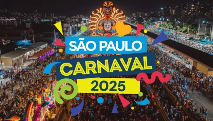 A vibrant and colorful night scene of São Paulo’s Carnaval 2025, featuring a massive parade, illuminated floats, and a festive crowd