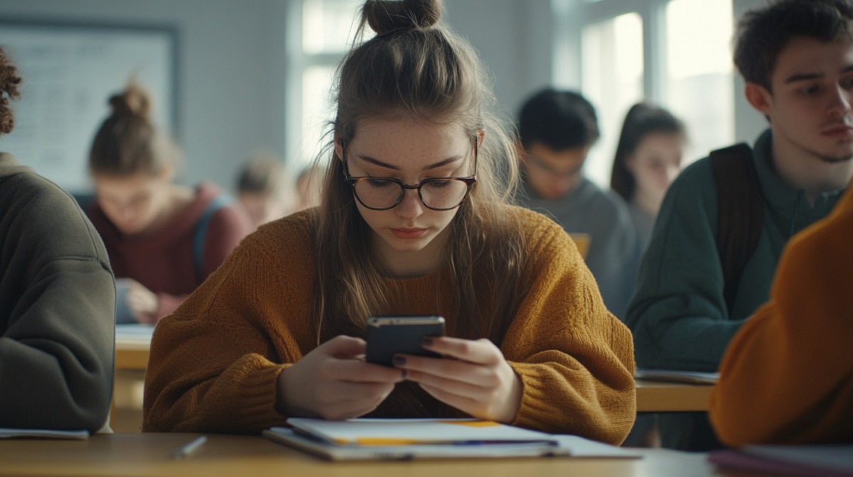 A student in a classroom using their phone, possibly searching for answers during a quiz