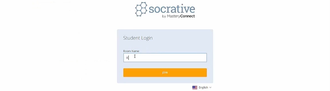 The Socrative student login page, with a room name entry field for joining an online quiz