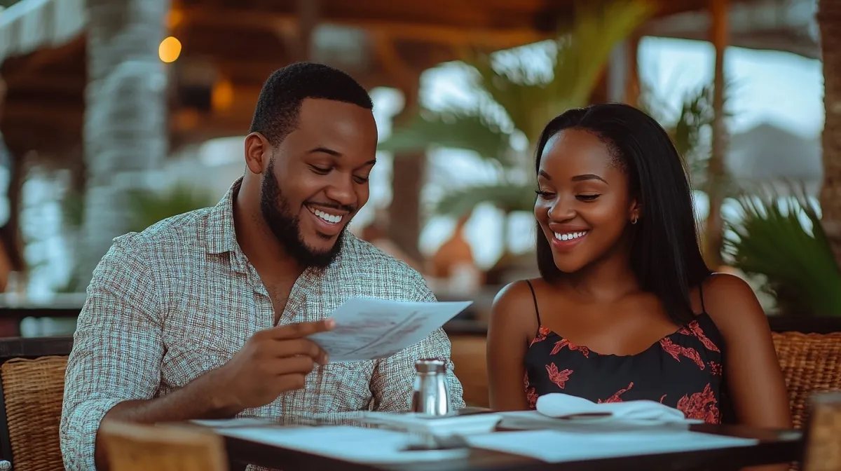 A couple shares a smile while reading the menu at an restaurant