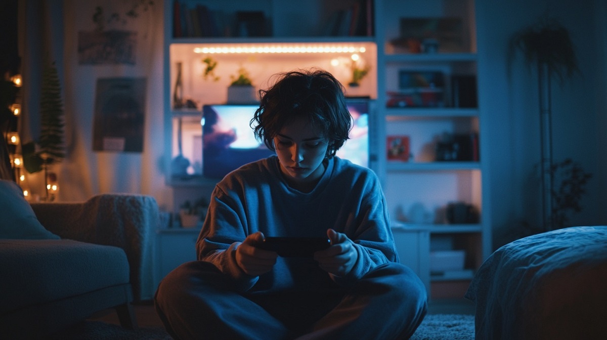 A young person in an oversized sweater sits cross-legged in a dimly lit room, focused on a handheld gaming console, with warm fairy lights in the background