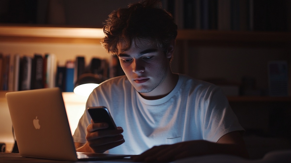 A student using multiple devices, checking their phone while working on a laptop at night