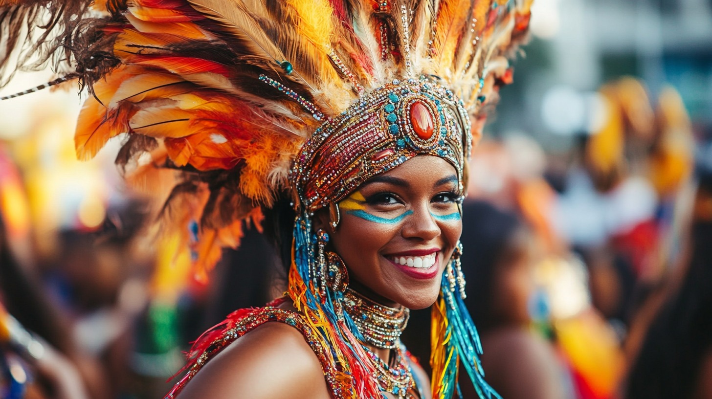 A smiling woman dressed in a vibrant, feathered and bejeweled headdress with colorful face paint at a lively Carnaval celebration