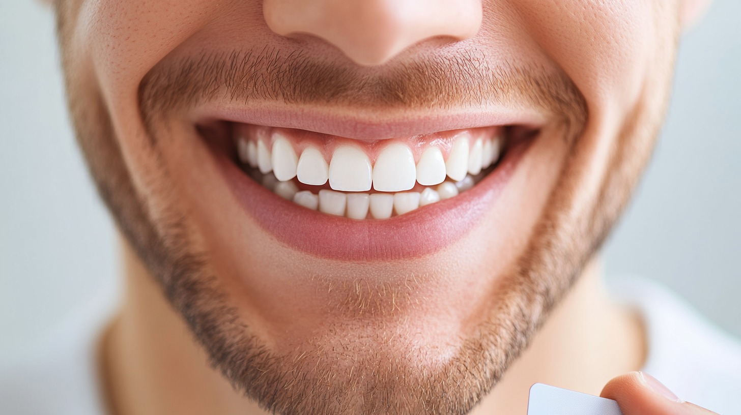 A close-up of a bearded man's smile with bright, white teeth