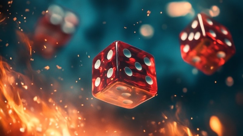 Red dice rolling through fire and sparks symbolizing lottery luck