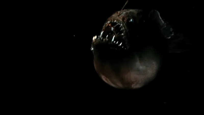 Anglerfish emerging from the deep sea with bioluminescent lure and terrifying teeth, a frightening yet fascinating deep-sea predator