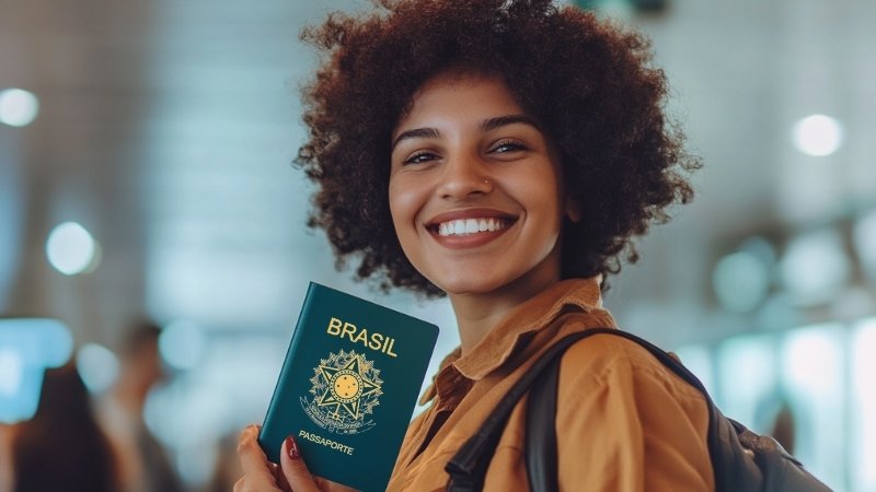 Smiling woman holding a Brazilian passport, ready to move to the US from Brazil