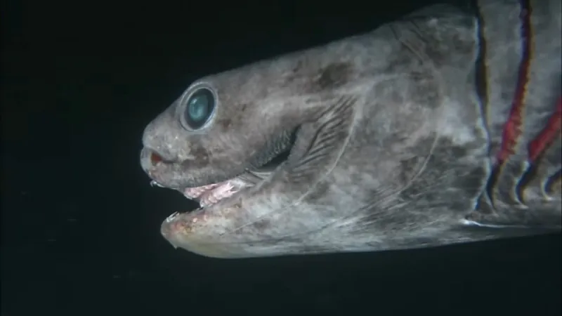 Close-up of a Frilled Shark with sharp teeth and eerie eyes, a deep-sea creature sometimes listed among the ugliest fish