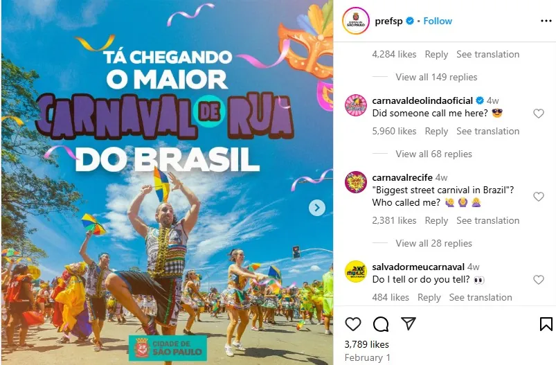 Image of offical Instagram of Sao Paulo city claiming they have the biggest carnival